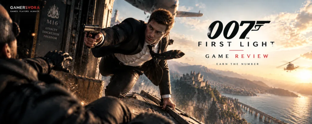 007 First Light game review banner featuring a young secret agent in an action sequence aboard an aircraft