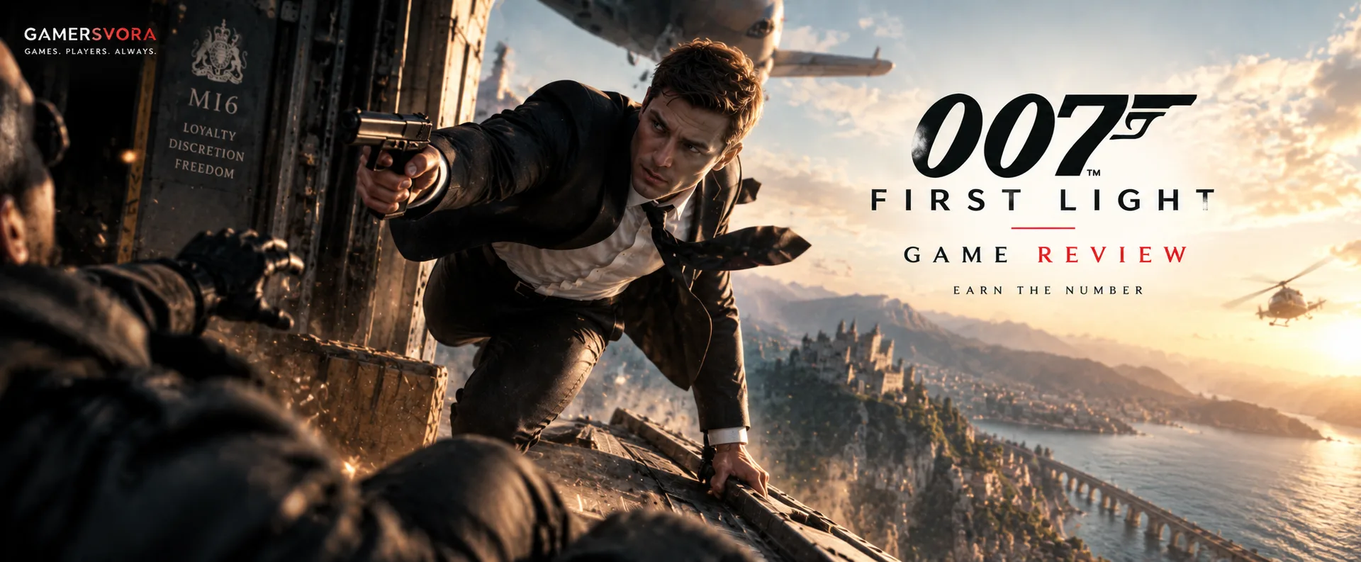 007 First Light game review banner featuring a young secret agent in an action sequence aboard an aircraft