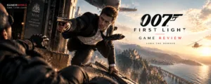 007 First Light game review banner featuring a young secret agent in an action sequence aboard an aircraft