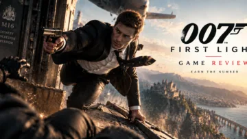 007 First Light game review banner featuring a young secret agent in an action sequence aboard an aircraft