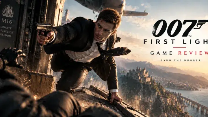 007 First Light game review banner featuring a young secret agent in an action sequence aboard an aircraft