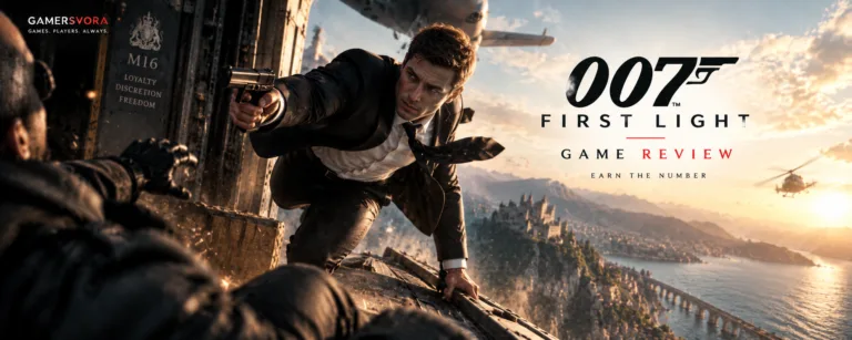 007 First Light game review banner featuring a young secret agent in an action sequence aboard an aircraft