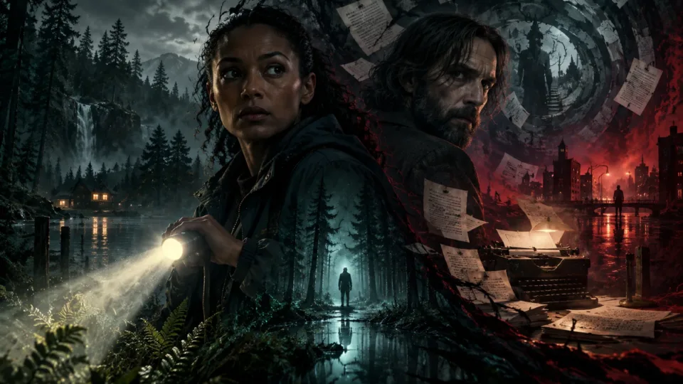 Saga Anderson and Alan Wake in the dark environments of Alan Wake 2