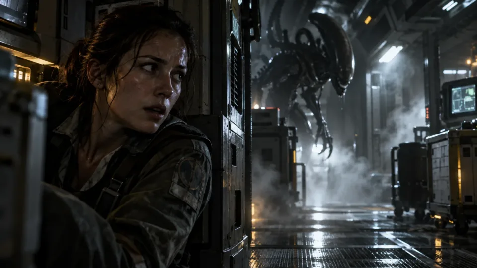 Amanda Ripley hiding from a Xenomorph aboard Sevastopol in Alien Isolation