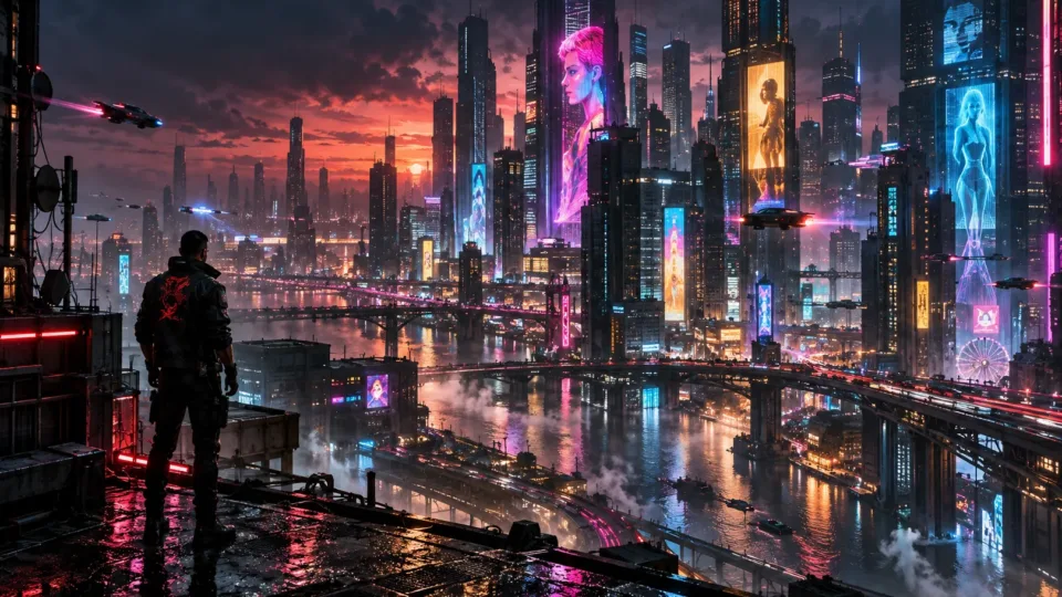 V overlooking the neon skyline and dense urban landscape of Night City in Cyberpunk 2077