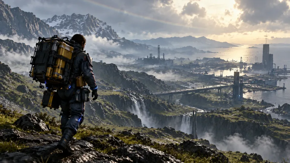 Sam crossing rugged terrain in Death Stranding 2 with cargo, mountains and futuristic infrastructure