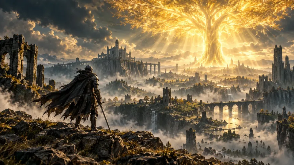 The Tarnished overlooking the Lands Between with the Erdtree and distant castles in Elden Ring