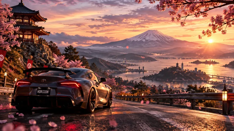 Forza Horizon 6 sports car overlooking a scenic Japanese landscape with Mount Fuji