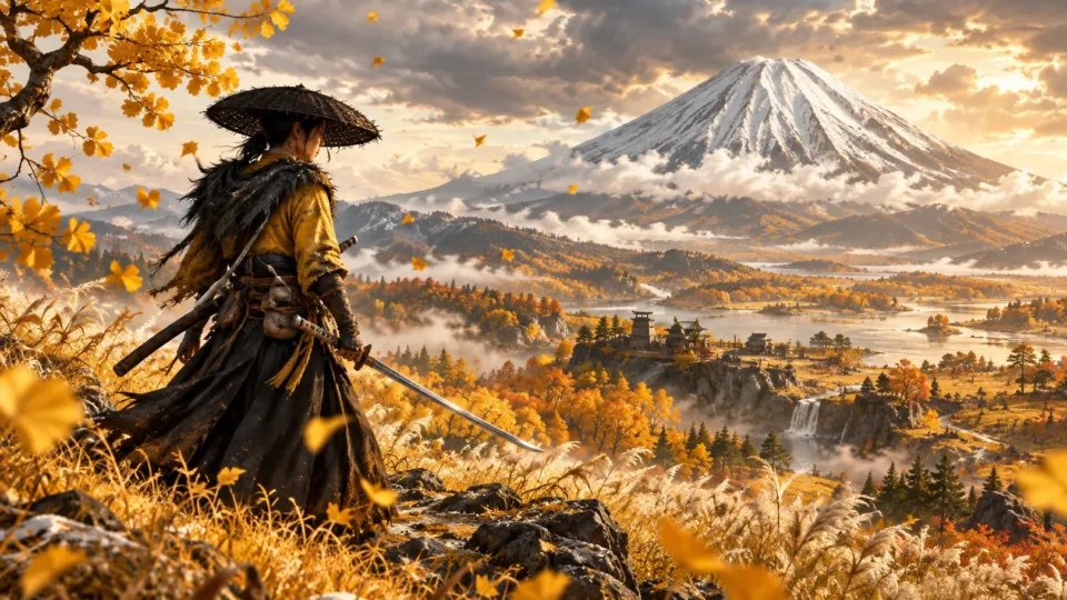 Atsu overlooking Mount Yōtei and the autumn landscape of Ezo in Ghost of Yōtei