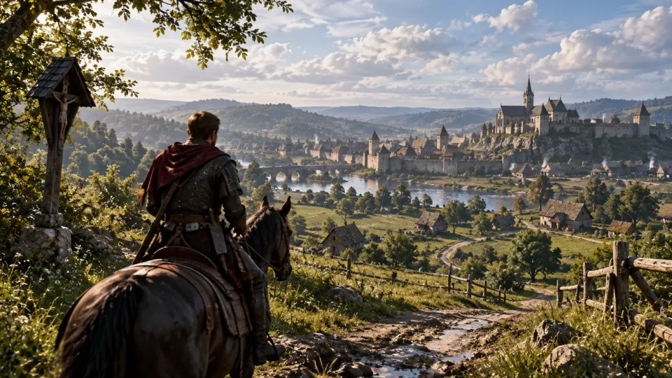 Henry riding toward a medieval town and castle in Kingdom Come: Deliverance II
