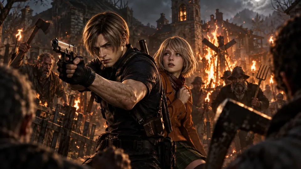 Leon Kennedy and Ashley Graham in the village from Resident Evil 4 remake
