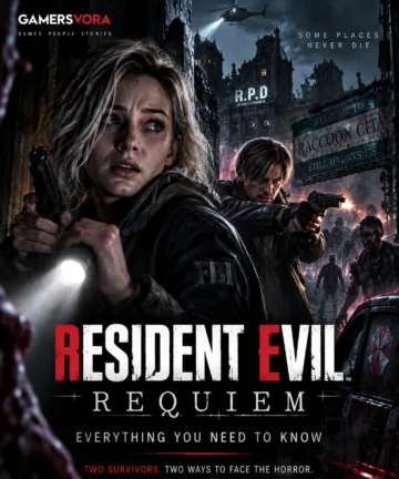 Resident Evil Requiem game card featuring Grace Ashcroft and Leon S. Kennedy in Raccoon City