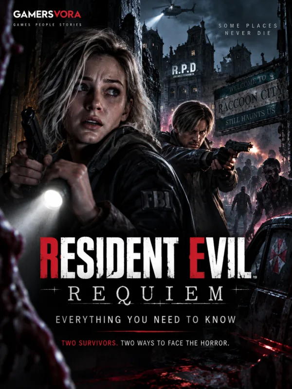 Resident Evil Requiem game card featuring Grace Ashcroft and Leon S. Kennedy in Raccoon City