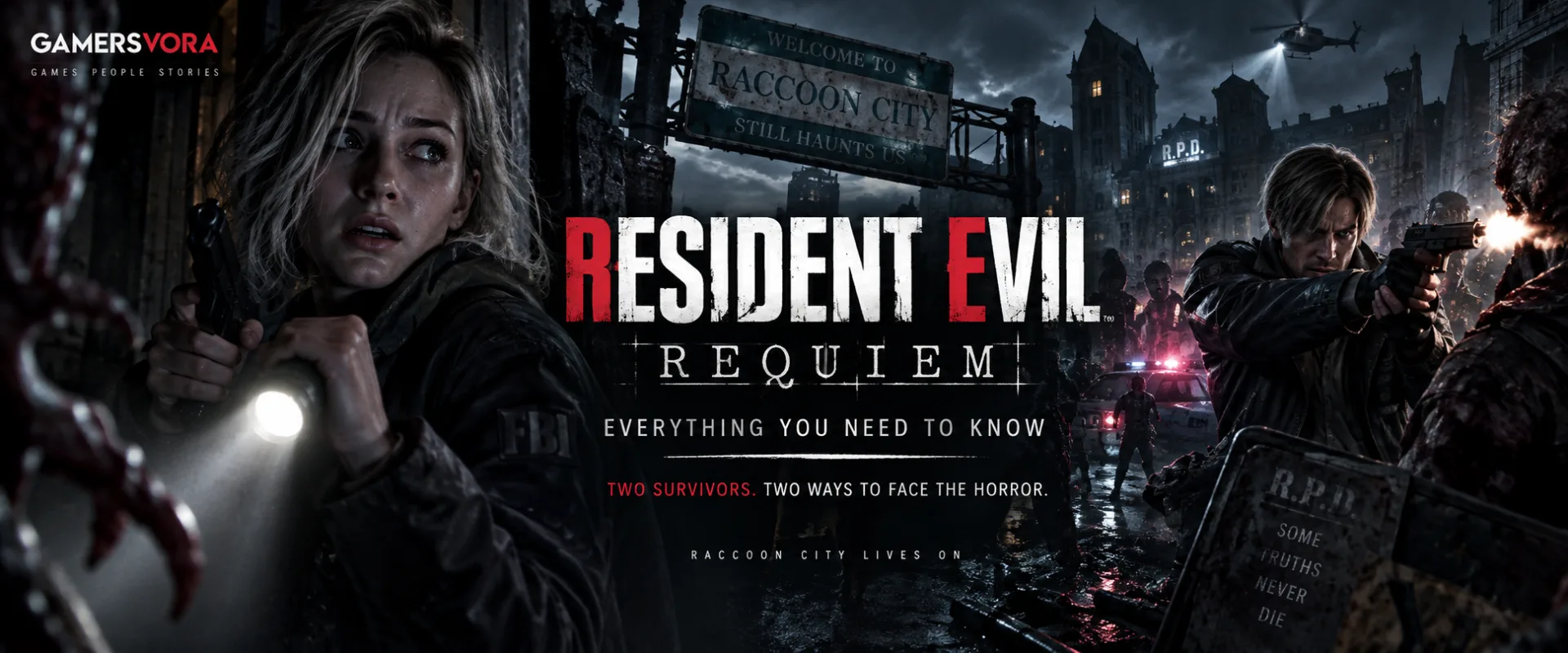 Leon S. Kennedy and Grace Ashcroft in Resident Evil Requiem with ruined Raccoon City in the background