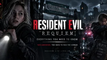 Leon S. Kennedy and Grace Ashcroft in Resident Evil Requiem with ruined Raccoon City in the background