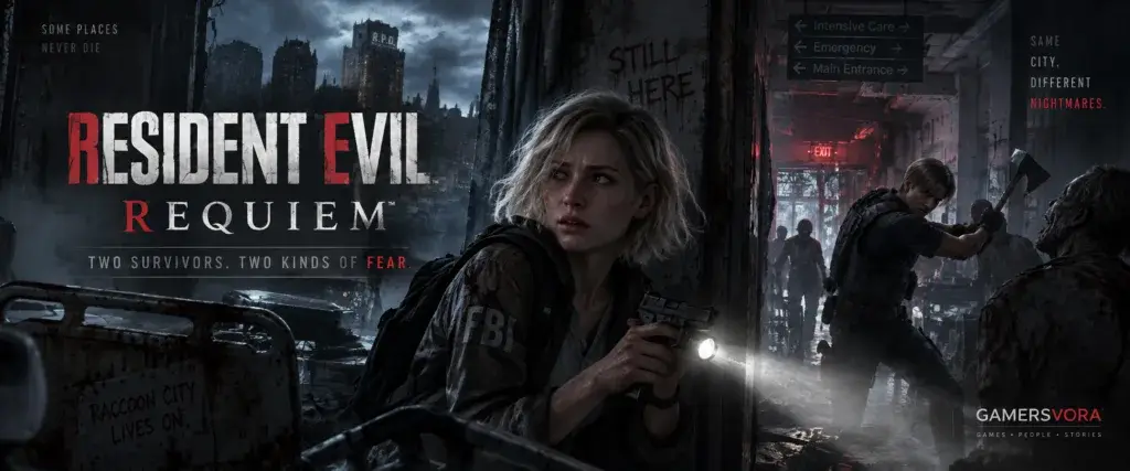 Resident Evil Requiem banner featuring Grace Ashcroft and Leon S. Kennedy in Raccoon City