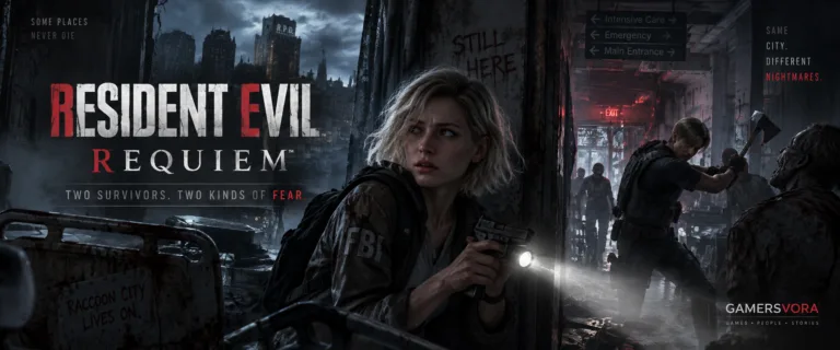 Resident Evil Requiem banner featuring Grace Ashcroft and Leon S. Kennedy in Raccoon City