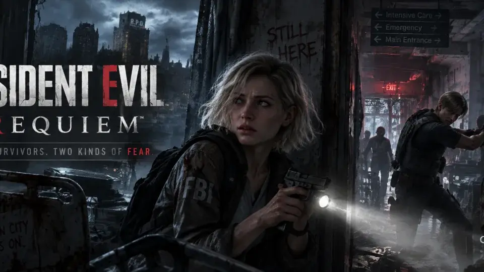 Resident Evil Requiem banner featuring Grace Ashcroft and Leon S. Kennedy in Raccoon City