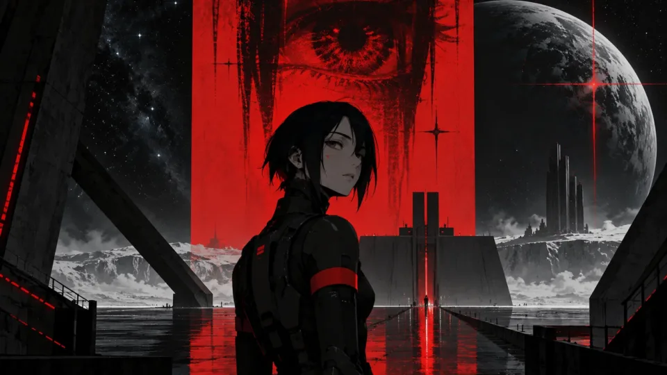 SIGNALIS Elster in a red and black retro sci-fi environment