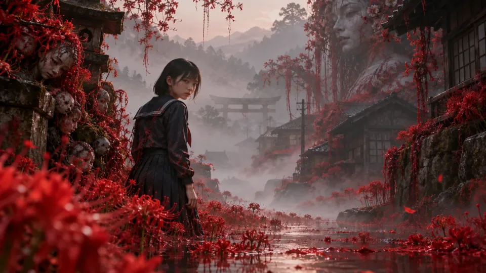 Hinako surrounded by red flowers in the Japanese setting of SILENT HILL f