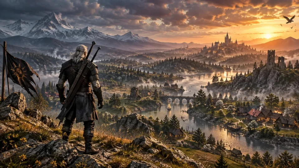 Geralt overlooking a vast fantasy landscape in The Witcher 3: Wild Hunt — Remastered