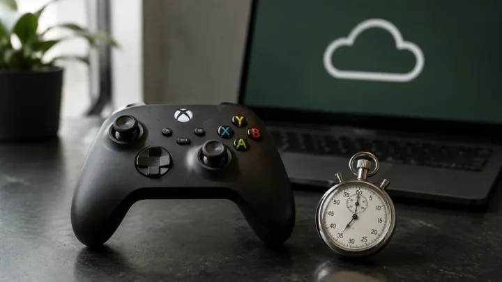 Black Xbox-style controller and stopwatch on a desk beside a laptop displaying a cloud symbol.