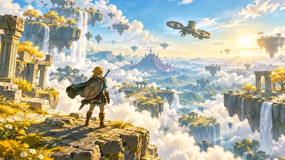 Link overlooking Hyrule and floating sky islands in The Legend of Zelda: Tears of the Kingdom