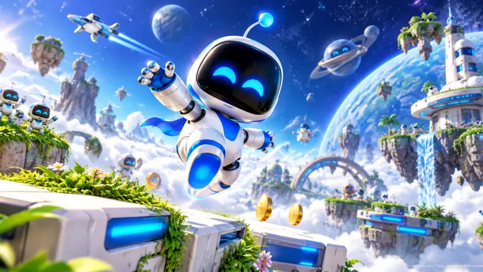 Astro Bot jumping through a colorful planetary world with floating islands, futuristic platforms, and other robots in an Astro Bot-inspired adventure scene.