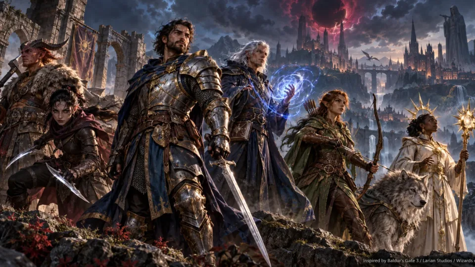 A group of fantasy adventurers featuring a warrior, elf, mage and other companions standing before an ancient castle beneath a dramatic red sky, inspired by Baldur’s Gate 3.