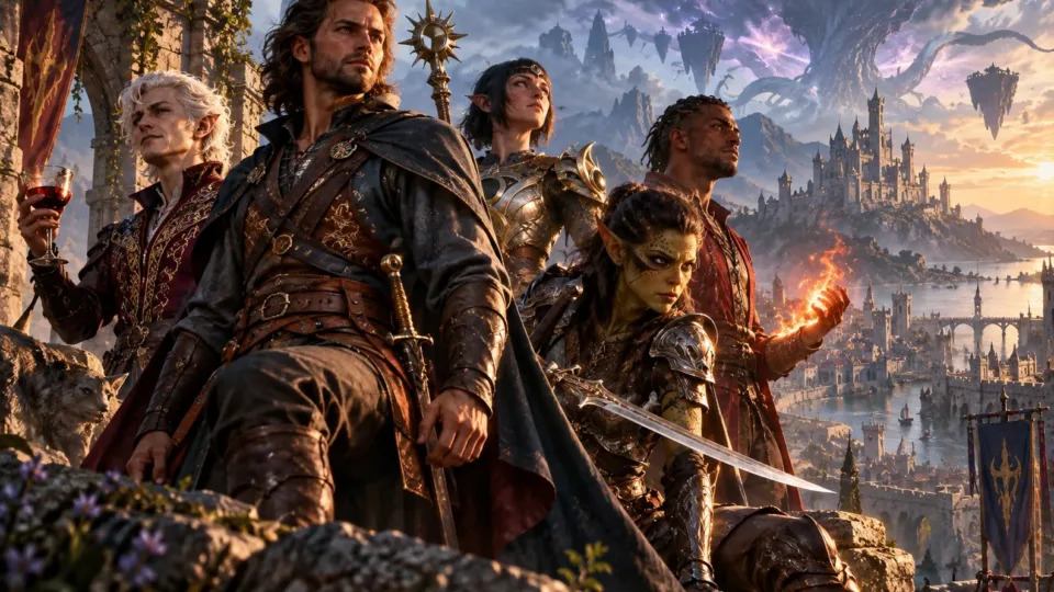 Baldur's Gate 3 inspired adventuring party overlooking a large fantasy city and magical landscape.