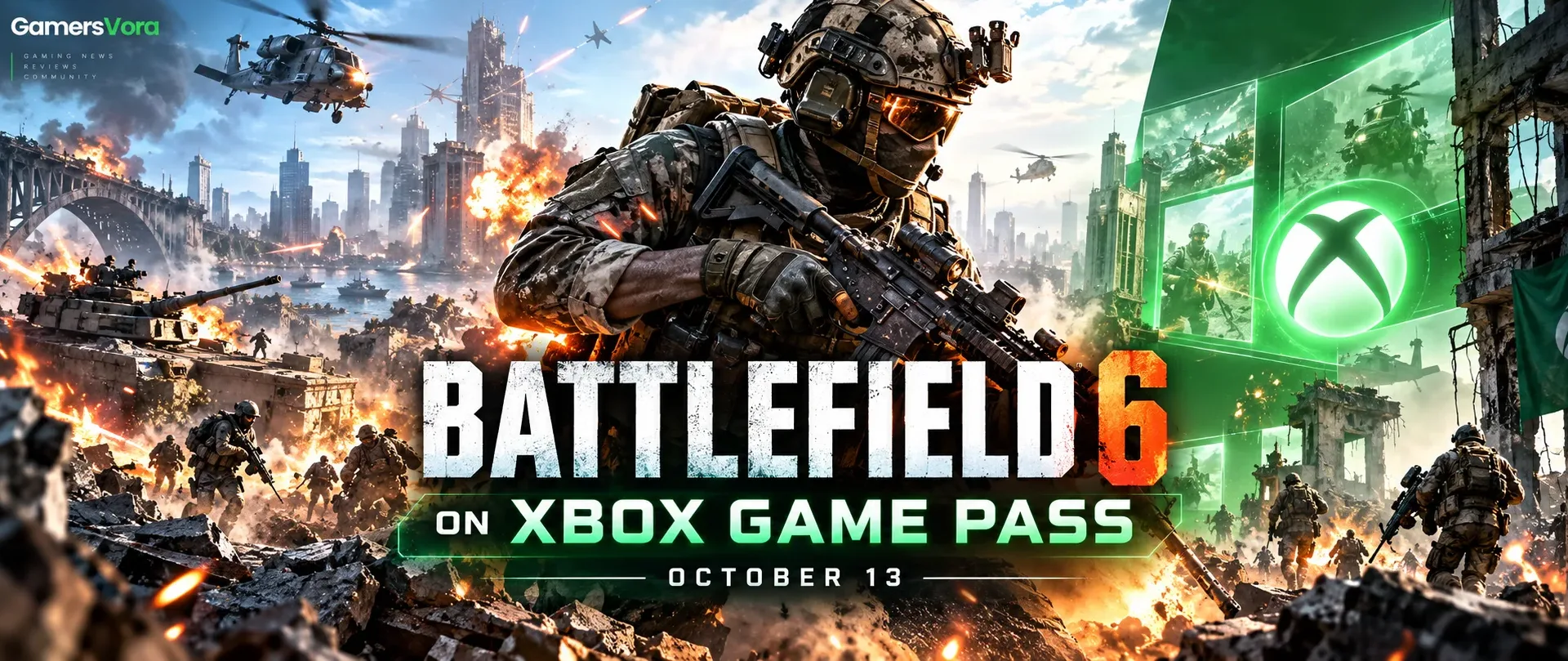 Battlefield 6 soldier in a war zone with Xbox Game Pass themed editorial design