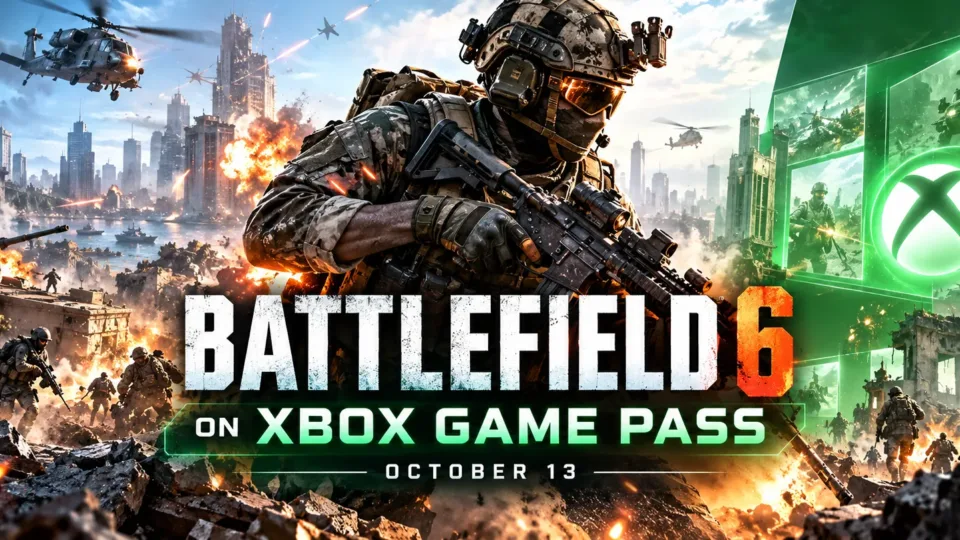 Battlefield 6 soldier in a war zone with Xbox Game Pass themed editorial design