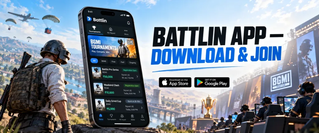 Official Battlin gaming tournament app shown on a smartphone with Android and iPhone availability