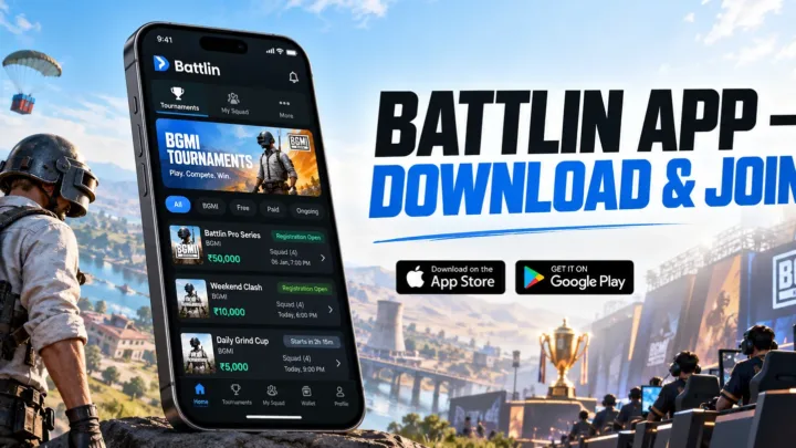 Official Battlin gaming tournament app shown on a smartphone with Android and iPhone availability