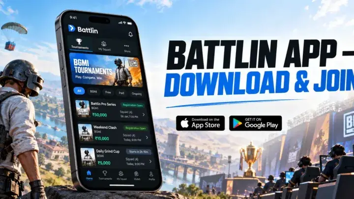 Official Battlin gaming tournament app shown on a smartphone with Android and iPhone availability