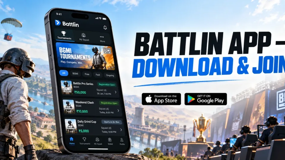 Official Battlin gaming tournament app shown on a smartphone with Android and iPhone availability
