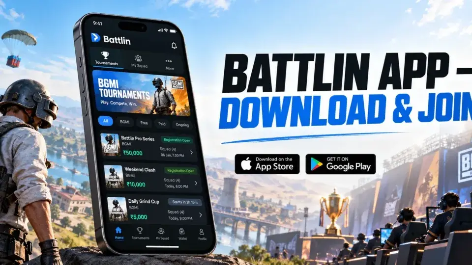 Official Battlin gaming tournament app shown on a smartphone with Android and iPhone availability