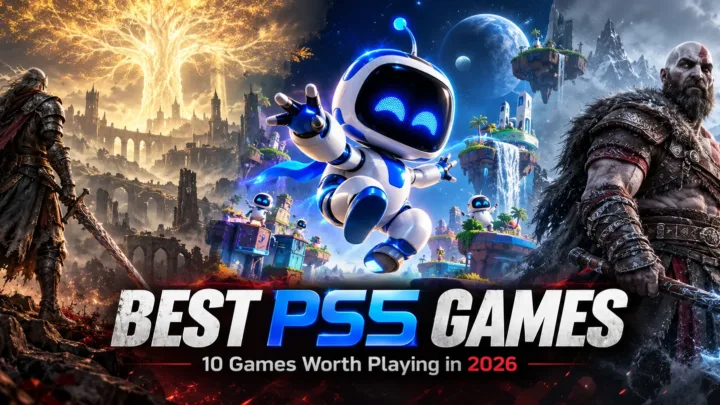 Astro Bot, an Elden Ring Tarnished warrior, and Kratos from God of War Ragnarök featured in GamersVora's best PS5 games to play in 2026.