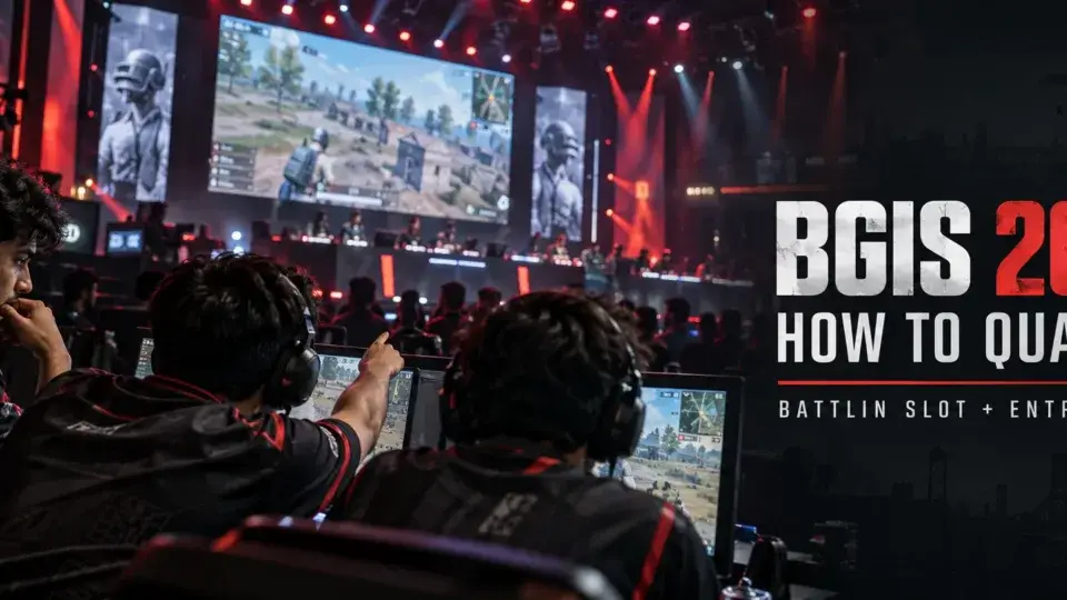 BGIS 2027 qualification guide banner featuring esports players competing at a gaming event, with Battlin slot and entry route information.