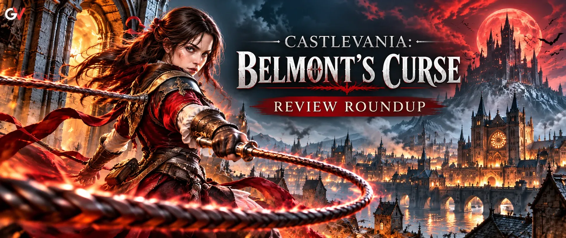 Castlevania Belmont's Curse review roundup banner featuring a vampire hunter against a gothic castle