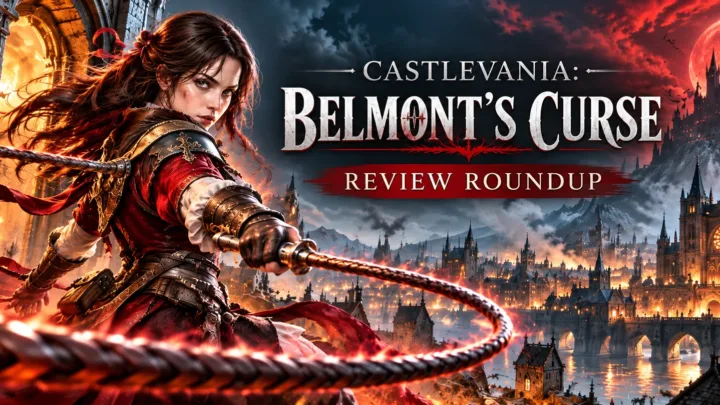 Castlevania Belmont's Curse review roundup banner featuring a vampire hunter against a gothic castle