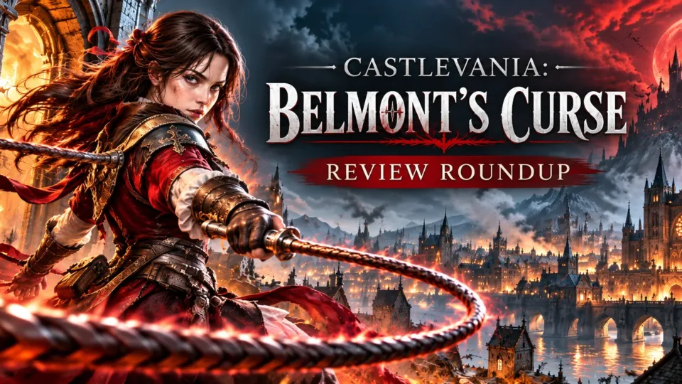 Castlevania Belmont's Curse review roundup banner featuring a vampire hunter against a gothic castle