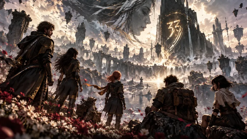 Clair Obscur Expedition 33 inspired party overlooking a surreal fantasy landscape dominated by a giant Monolith and Paintress imagery.