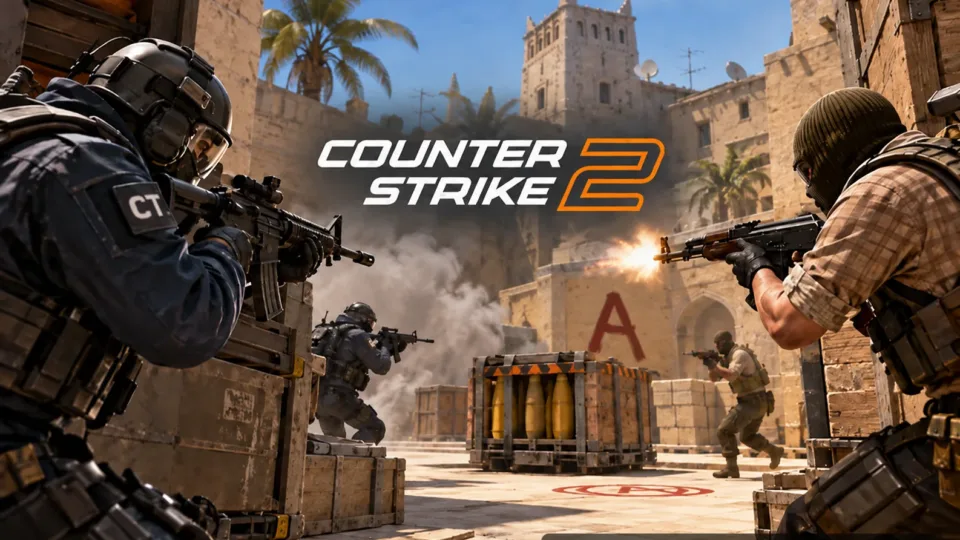 Counter-Strike 2 inspired competitive bombsite scene with opposing tactical teams in combat.