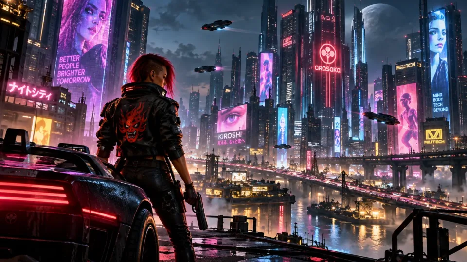 Cyberpunk 2077 inspired character overlooking a neon futuristic city filled with skyscrapers, holographic advertisements and flying vehicles.