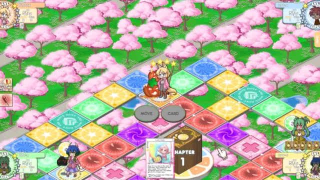 100% Orange Juice — PC screenshot: Characters on a colorful board beside water
