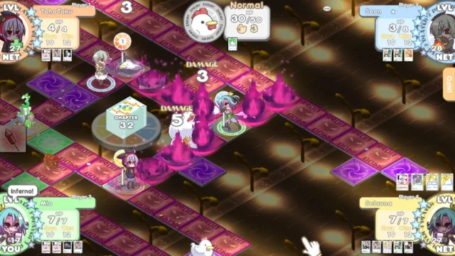 100% Orange Juice — PC screenshot: A board-game turn with multiple player panels