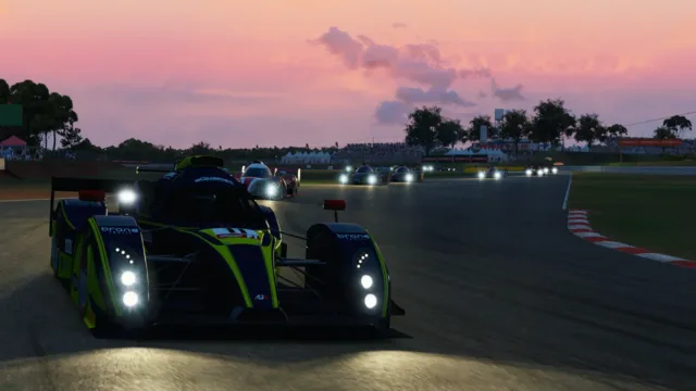 Automobilista 2 — prototype cars racing in evening light