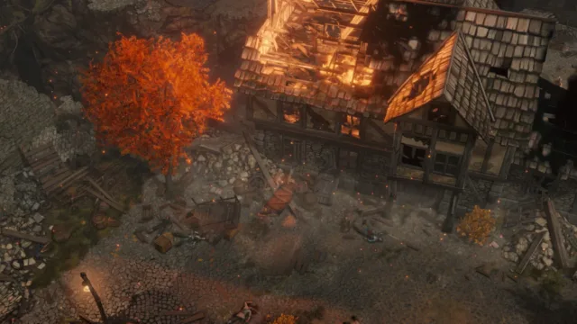 Pathfinder: Wrath of the Righteous - Enhanced Edition — a party outside a stone building in autumn