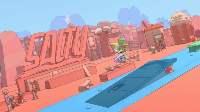 OlliOlli World — a colourful skate route beside large lettering